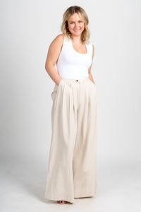 Pleated wide leg linen pants oatmeal | Lush Fashion Lounge: women's boutique pants, boutique women's pants, affordable boutique pants, women's fashion pants