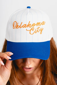 Oklahoma City script pin stripe hat royal/white pin stripe - Trendy OKC Apparel at Lush Fashion Lounge Boutique in Oklahoma City