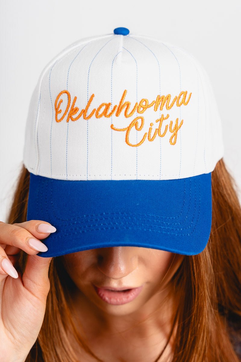 Oklahoma City script pin stripe hat royal/white pin stripe - Trendy OKC Apparel at Lush Fashion Lounge Boutique in Oklahoma City