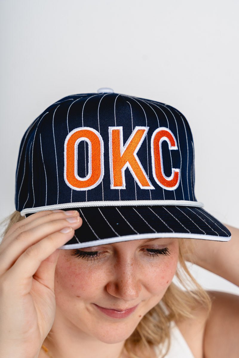 OKC block outline pinstripe hat navy/white - Trendy Hats at Lush Fashion Lounge Boutique in Oklahoma City