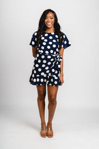 Polka dot wrap mini dress navy/white - Trendy Dress - Fashion Dresses at Lush Fashion Lounge Boutique in Oklahoma City
