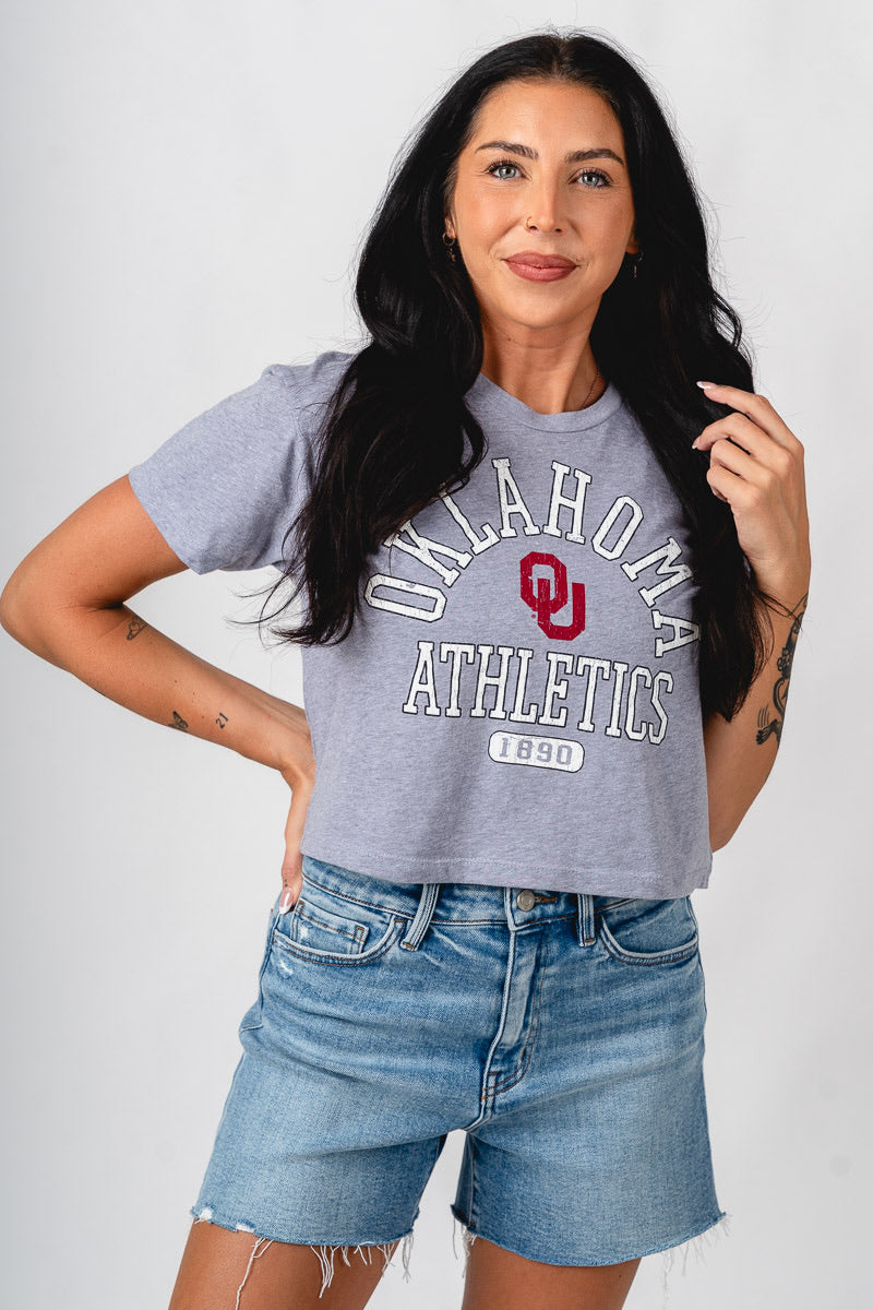 OU OU athletic 1890 crop t-shirt heather grey T-shirt | Lush Fashion Lounge Trendy Oklahoma University Sooners Apparel & Cute Gameday T-Shirts