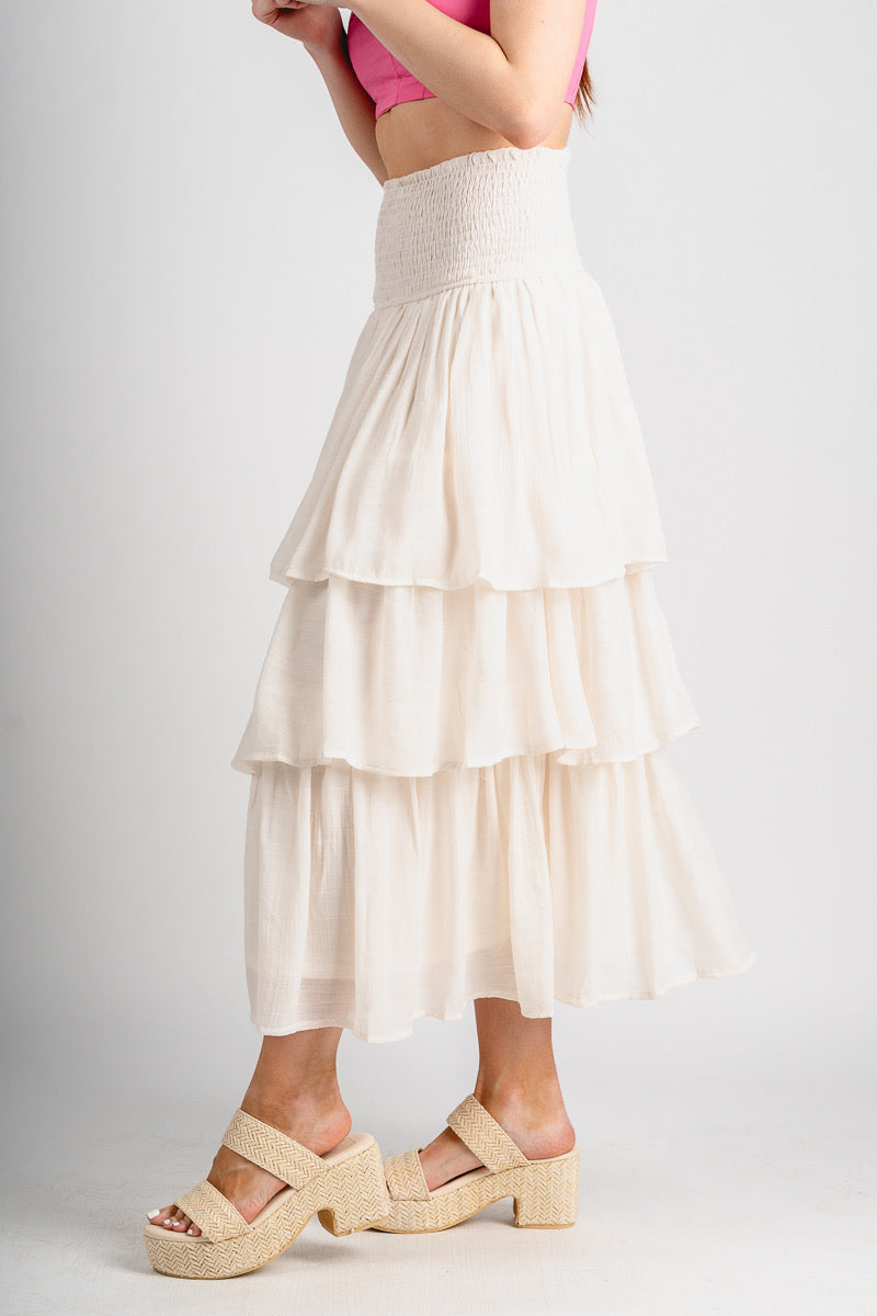 Tiered maxi skirt cream - Cute skirt - Fun Vacay Basics at Lush Fashion Lounge Boutique in Oklahoma City