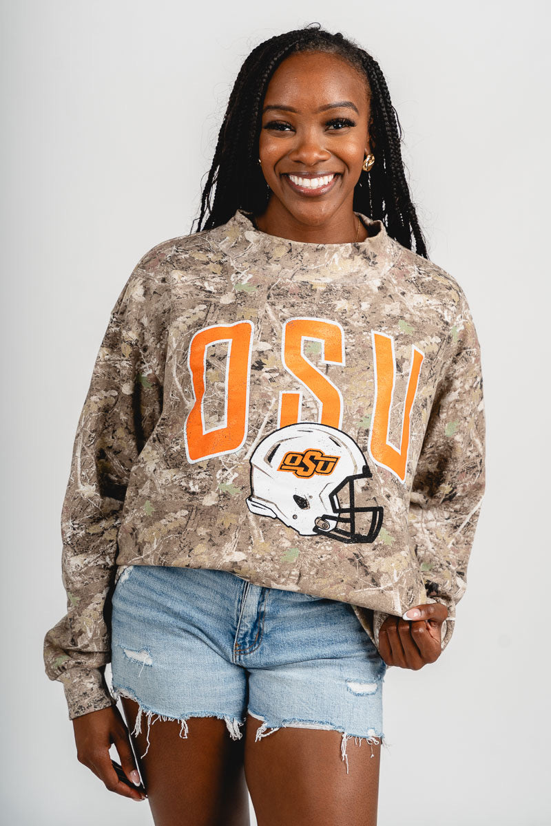 OSU OSU Cowboys helmet fade mock neck sweatshirt camo Sweatshirt | Lush Fashion Lounge Trendy Oklahoma State Cowboys Apparel & Cute Gameday T-Shirts