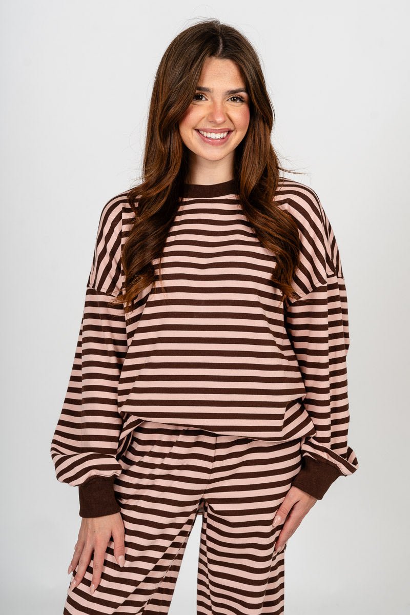 Striped sweatshirt pink/brown - Trendy Sweatshirt - Cute Loungewear Collection at Lush Fashion Lounge Boutique in Oklahoma City