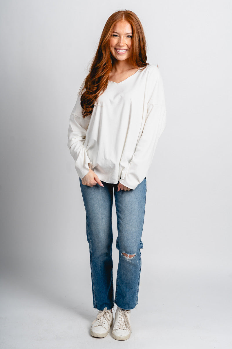 Oversized v-neck long sleeve top white
