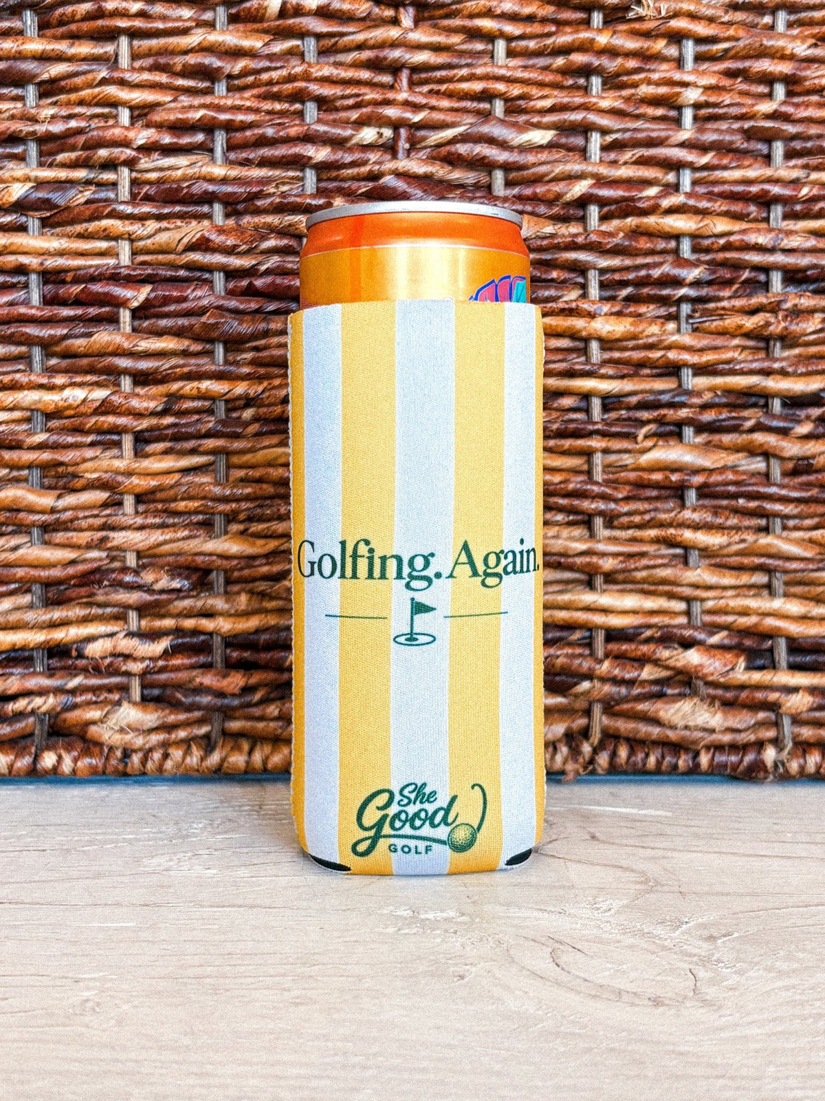 Golfing again striped drink koozie yellow/white - Trendy Gifts at Lush Fashion Lounge Boutique in Oklahoma City
