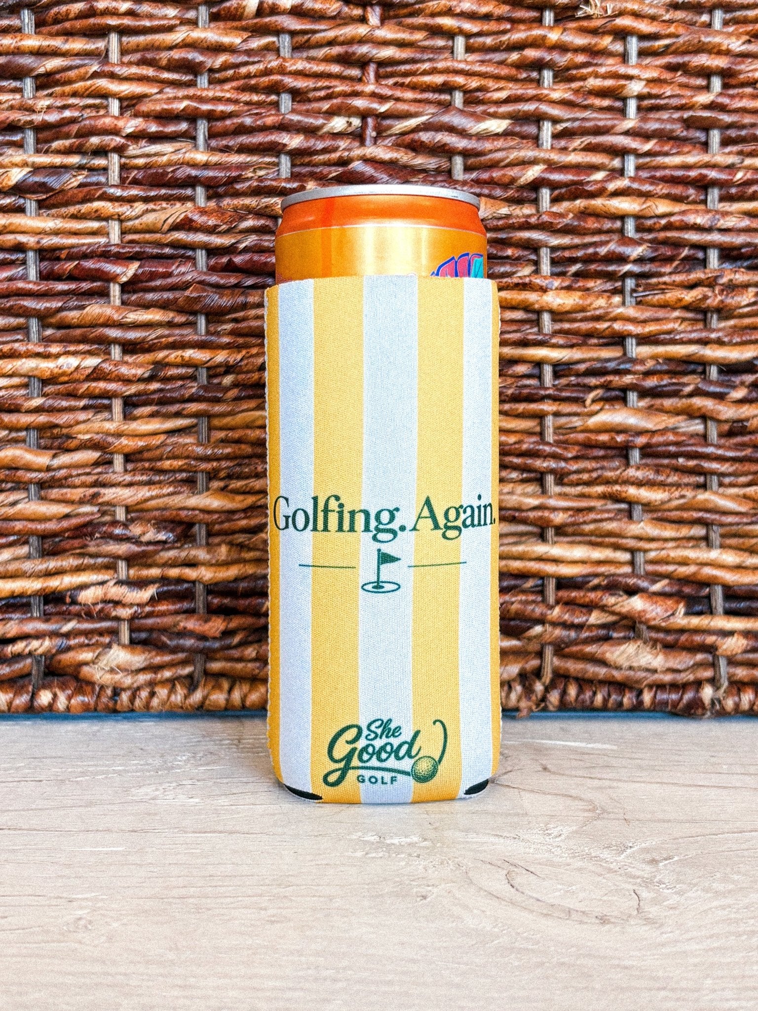 Golfing again striped drink koozie yellow/white - Trendy Gifts at Lush Fashion Lounge Boutique in Oklahoma City