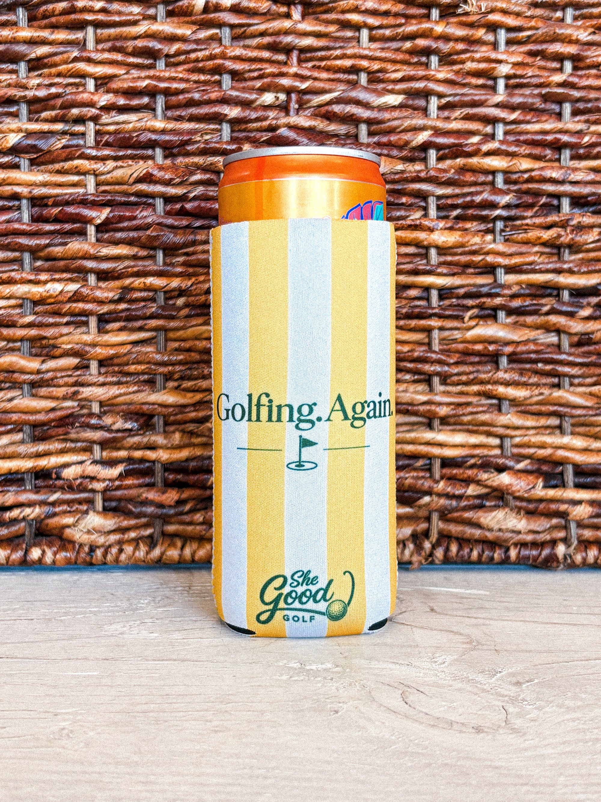 Golfing again striped drink koozie yellow/white