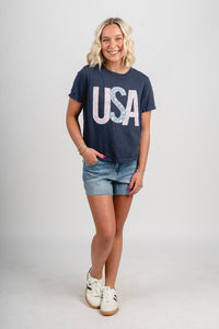 USA floral stars & stripes tee navy - Stylish T-shirt - Trendy American Summer Fashion at Lush Fashion Lounge Boutique in Oklahoma