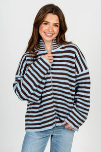 Striped zip up sweater blue/brown – Boutique Sweaters | Fashionable Sweaters at Lush Fashion Lounge Boutique in Oklahoma City