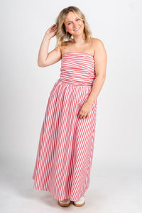 Strapless striped midi dress red/white - Cute dress - Trendy Dresses at Lush Fashion Lounge Boutique in Oklahoma City