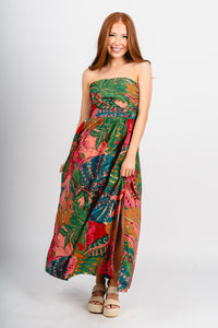 Strapless tropical maxi dress calypso coral - Trendy dress - Cute Vacation Collection at Lush Fashion Lounge Boutique in Oklahoma City