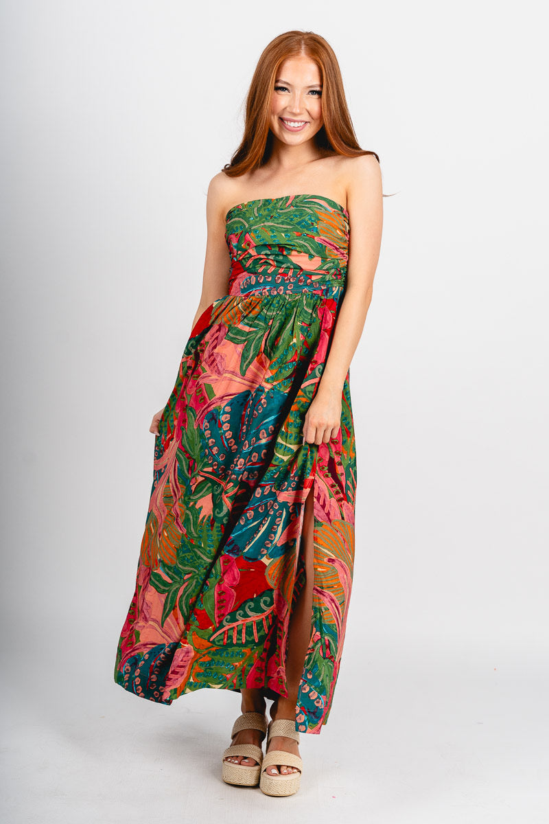 Strapless tropical maxi dress calypso coral - Trendy dress - Cute Vacation Collection at Lush Fashion Lounge Boutique in Oklahoma City