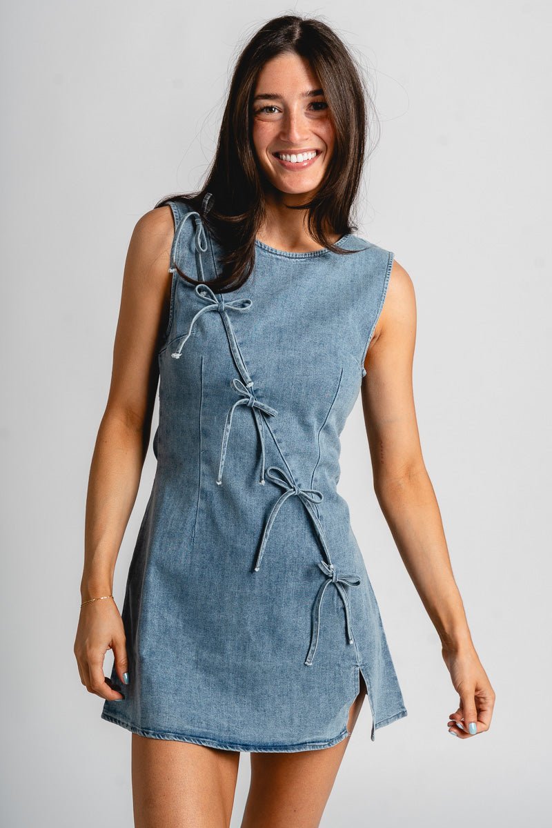 Bow detail denim dress blue - Affordable dress - Boutique Dresses at Lush Fashion Lounge Boutique in Oklahoma City