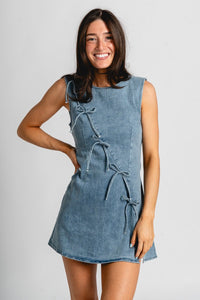 Bow detail denim dress blue - Cute dress - Trendy Dresses at Lush Fashion Lounge Boutique in Oklahoma City