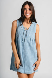 Pleated denim mini dress light blue - Affordable dress - Boutique Dresses at Lush Fashion Lounge Boutique in Oklahoma City