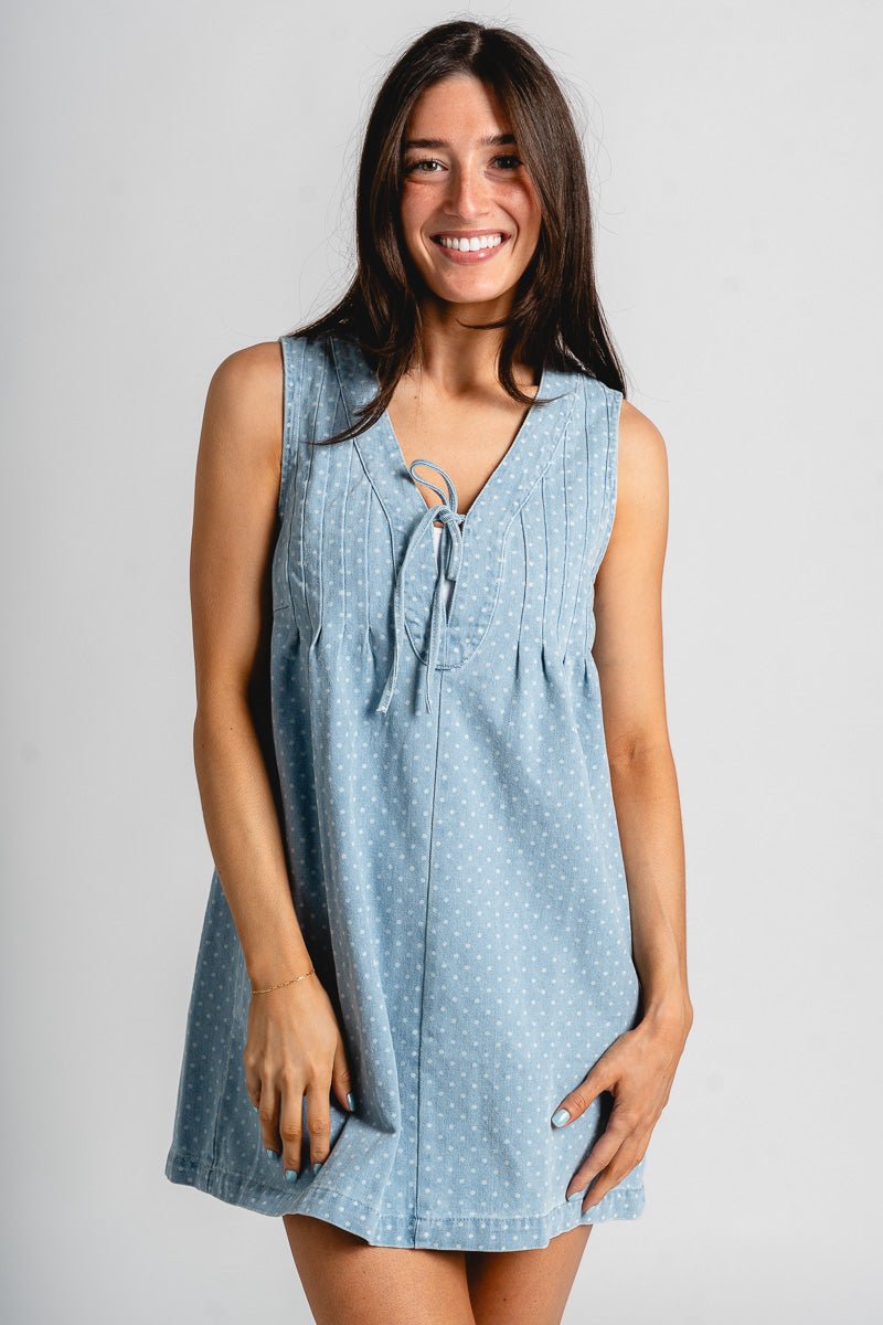 Pleated denim mini dress light blue - Affordable dress - Boutique Dresses at Lush Fashion Lounge Boutique in Oklahoma City