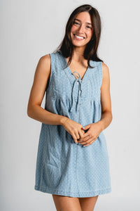 Pleated denim mini dress light blue - Stylish dress - Cute Easter Outfits at Lush Fashion Lounge Boutique in Oklahoma