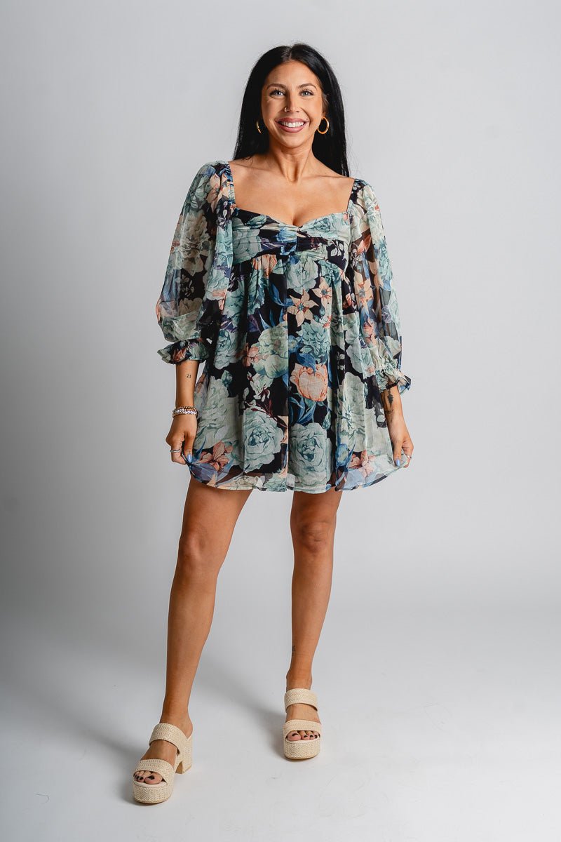 Floral babydoll dress midnight - Cute dress - Trendy Easter Clothing Line at Lush Fashion Lounge Boutique in Oklahoma