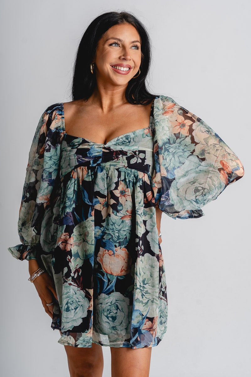 Floral babydoll dress midnight - Stylish dress - Cute Easter Outfits at Lush Fashion Lounge Boutique in Oklahoma