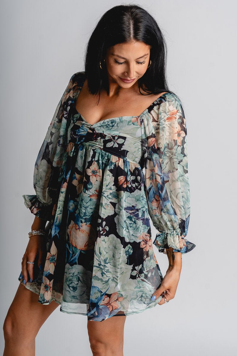 Floral babydoll dress midnight - Affordable dress - Boutique Dresses at Lush Fashion Lounge Boutique in Oklahoma City