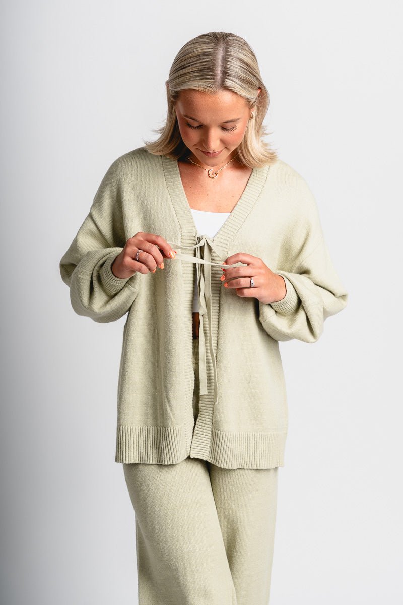 Tie front sweater cardigan sage - Cute Sweater - Fun Cozy Basics at Lush Fashion Lounge Boutique in Oklahoma City