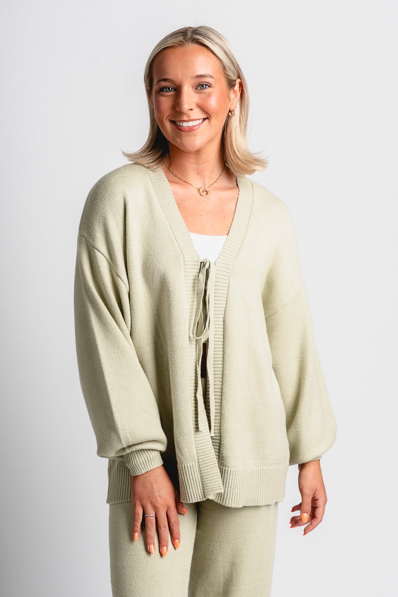 Tie front sweater cardigan sage - Trendy Sweater - Cute Loungewear Collection at Lush Fashion Lounge Boutique in Oklahoma City