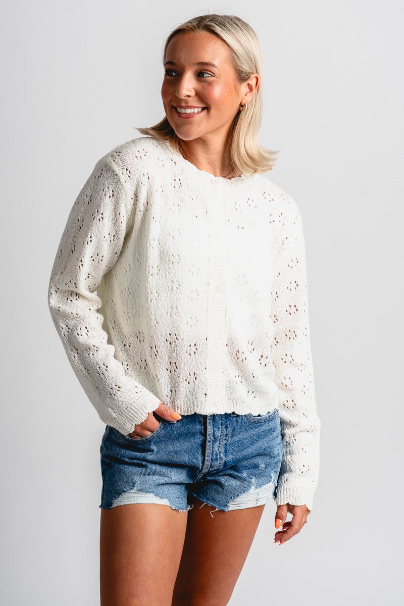 Scallop edge sweater cardigan white - Cute Cardigan - Trendy Cardigans & Stylish Kimonos at Lush Fashion Lounge Boutique in Oklahoma City
