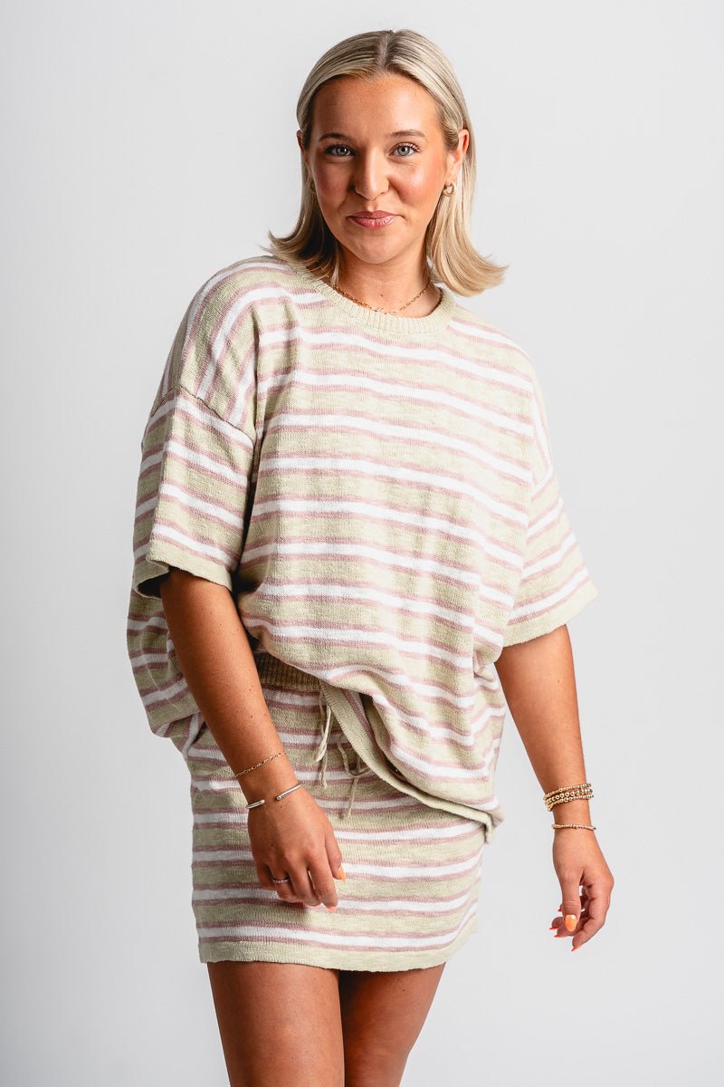 Striped short sleeve sweater sage – Boutique Sweaters | Fashionable Sweaters at Lush Fashion Lounge Boutique in Oklahoma City