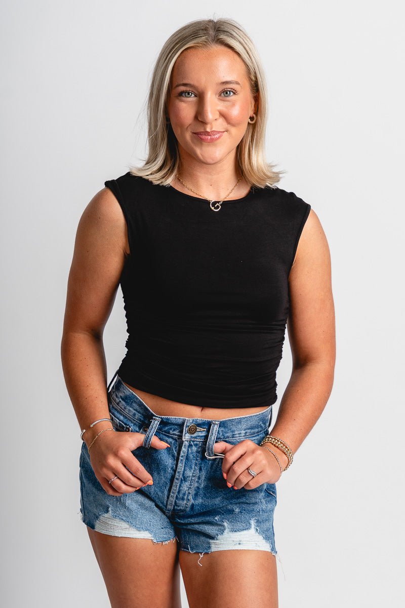 Ruched tank top black - Cute Tank Top - Trendy Tank Tops at Lush Fashion Lounge Boutique in Oklahoma City