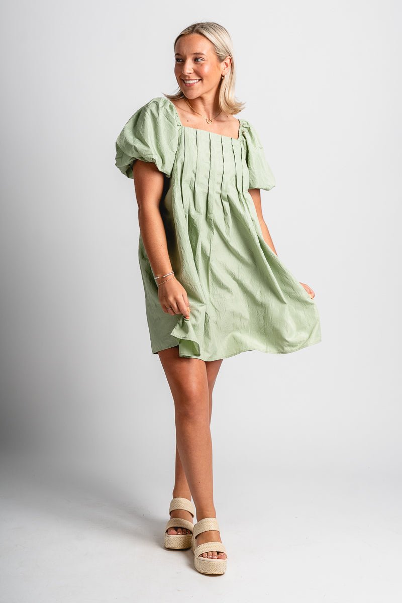 Puff sleeve mini dress sage - Trendy Dress - Fashion Dresses at Lush Fashion Lounge Boutique in Oklahoma City