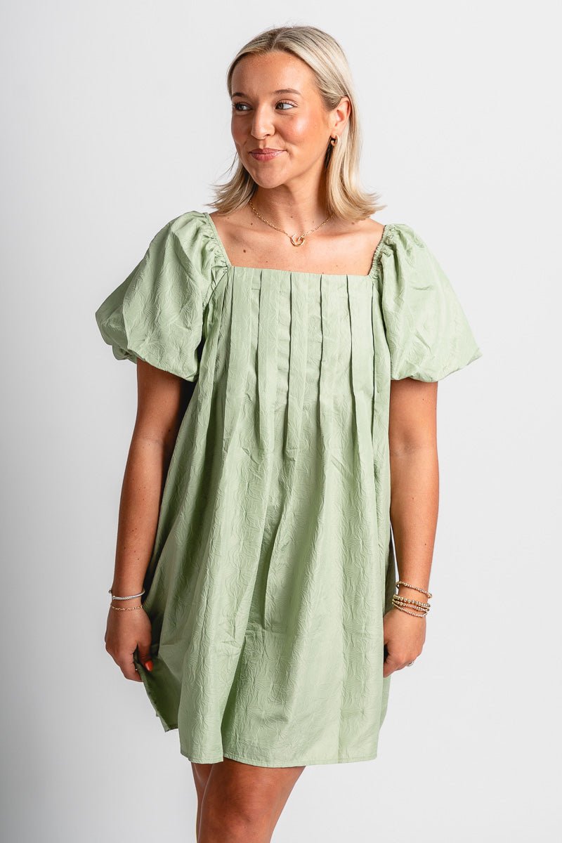 Puff sleeve mini dress sage - Cute Dress - Trendy Dresses at Lush Fashion Lounge Boutique in Oklahoma City