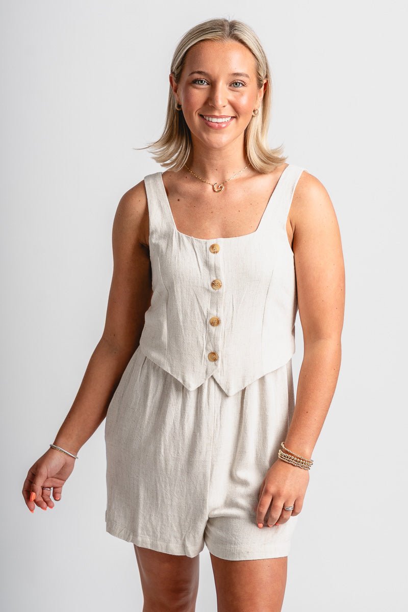 Button up vest romper natural - Cute Romper - Trendy Rompers and Pantsuits at Lush Fashion Lounge Boutique in Oklahoma City