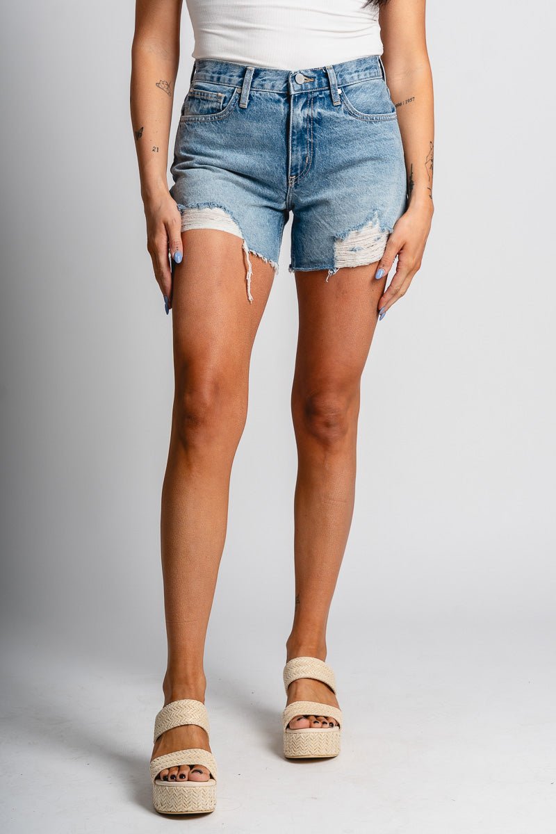 Just USA high rise vintage distressed shorts light blue - Stylish Shorts - Trendy Staycation Outfits at Lush Fashion Lounge Boutique in Oklahoma City