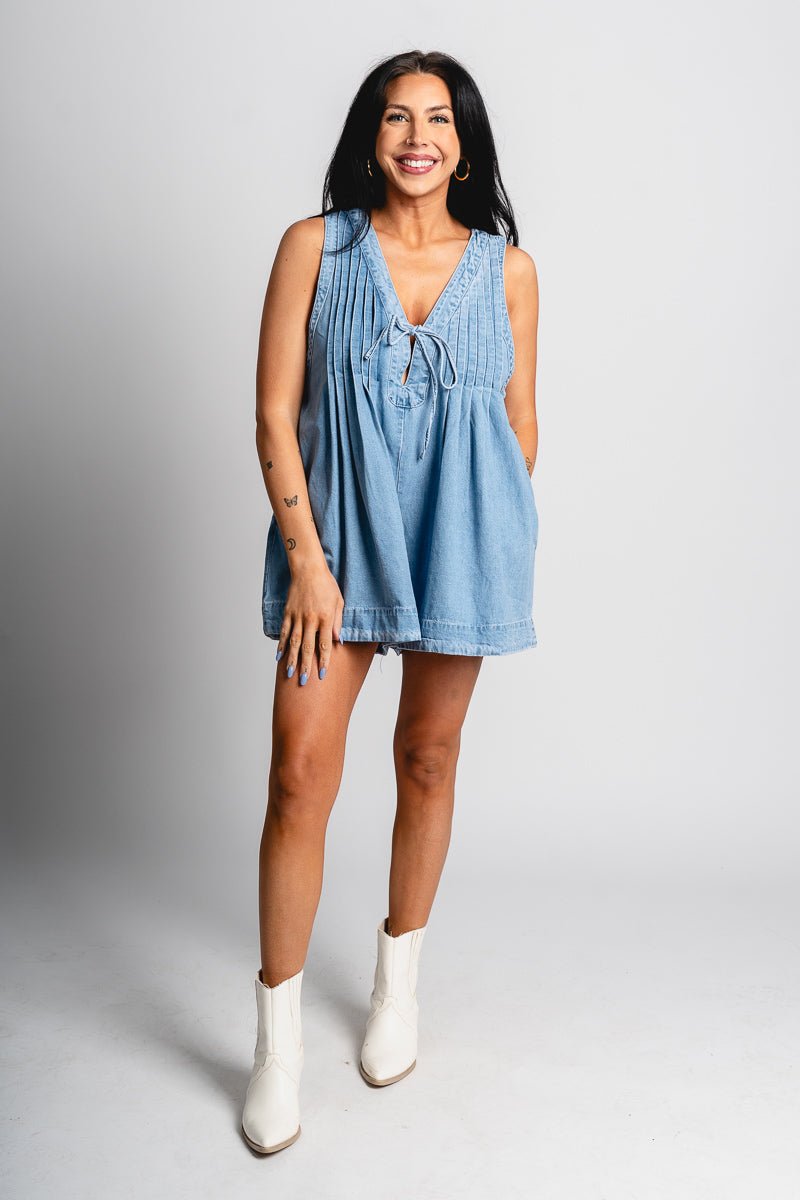 Sleeveless denim romper light wash - Trendy Romper - Fashion Rompers & Pantsuits at Lush Fashion Lounge Boutique in Oklahoma City