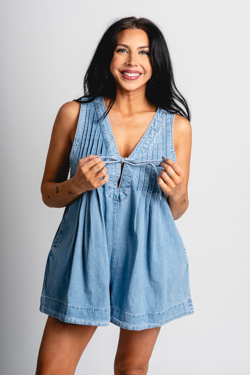 Sleeveless denim romper light wash - Cute Romper - Trendy Rompers and Pantsuits at Lush Fashion Lounge Boutique in Oklahoma City