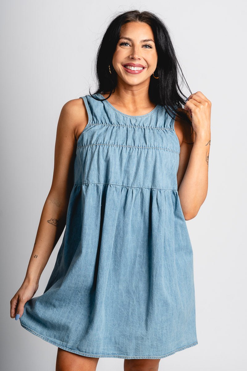 Sleeveless denim dress blue - Cute dress - Trendy Dresses at Lush Fashion Lounge Boutique in Oklahoma City