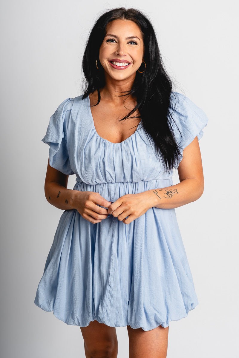 Puff sleeve baby doll dress light blue - Cute dress - Trendy Dresses at Lush Fashion Lounge Boutique in Oklahoma City