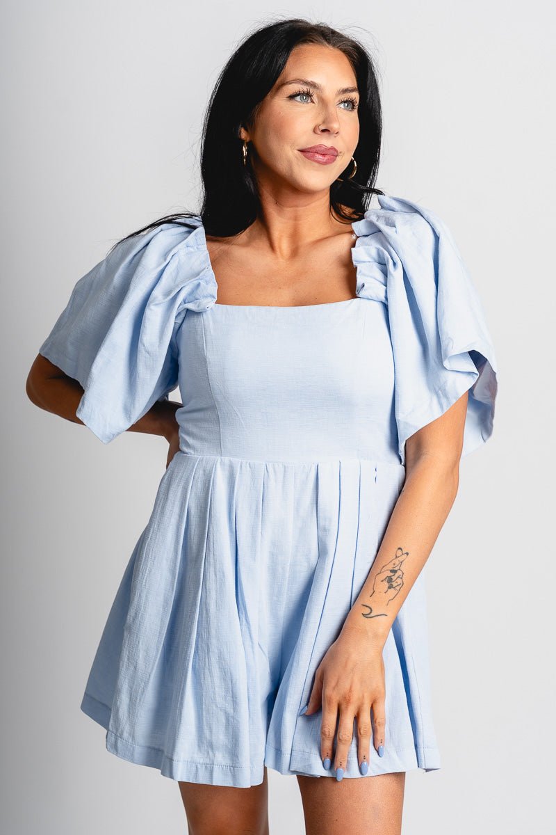 Flutter sleeve romper powder blue - Cute romper - Trendy Rompers and Pantsuits at Lush Fashion Lounge Boutique in Oklahoma City