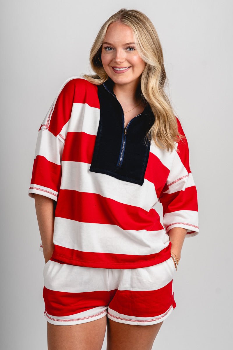 Striped half zip pullover red/navy - Trendy Sweatshirt - Cute American Summer Collection at Lush Fashion Lounge Boutique in Oklahoma City