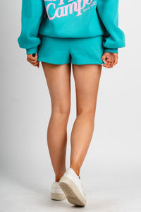 Happy Camper sweat shorts candy teal - Fun shorts - Unique Lounge Looks at Lush Fashion Lounge Boutique in Oklahoma