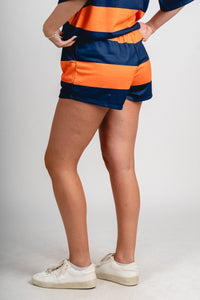Striped sweat shorts orange/navy Stylish shorts - Womens Fashion Shorts at Lush Fashion Lounge Boutique in Oklahoma City