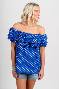 Off shoulder polka dot ruffle top royal - Adorable top - Stylish Patriotic Summer Graphic Tees at Lush Fashion Lounge Boutique in OKC