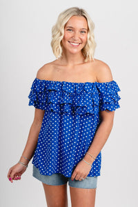 Off shoulder polka dot ruffle top royal - Trendy top - Cute American Summer Collection at Lush Fashion Lounge Boutique in Oklahoma City