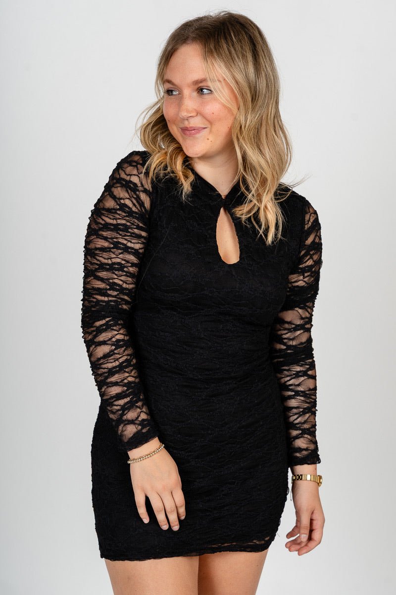 Long sleeve lace mini dress black