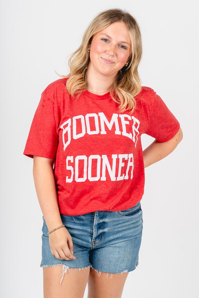 OU OU Sooners boomer sooner simple unisex t-shirt red T-shirt | Lush Fashion Lounge Trendy Oklahoma University Sooners Apparel & Cute Gameday T-Shirts