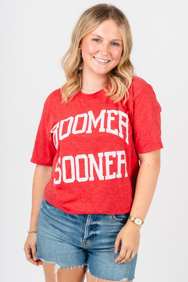 OU OU Sooners boomer sooner simple unisex t-shirt red T-shirt | Lush Fashion Lounge Trendy Oklahoma University Sooners Apparel & Cute Gameday T-Shirts