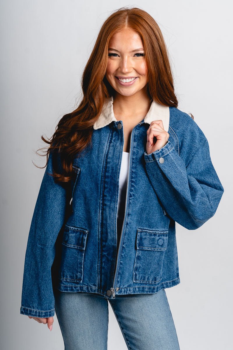 Denim barn jacket denim/cream – Affordable Blazers | Cute Black Jackets at Lush Fashion Lounge Boutique in Oklahoma City