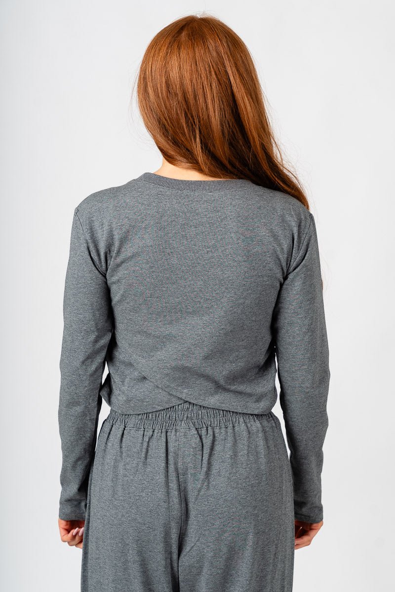 Long sleeve twist front top charcoal